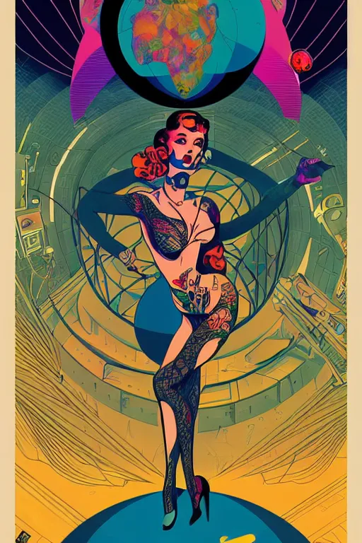 Image similar to a 5 0 s art deco tattooed pinup girl at the interior of an international space station fuill of electronic equipment, poster art by milton glaser, kilian eng, moebius, behance contest winner, psychedelic art, concert poster, poster art, maximalist