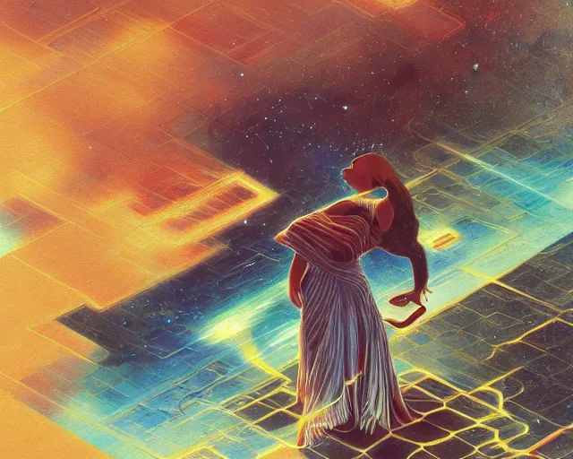 Image similar to isometric drawing of a cosmic being, numenous, omniscient, hopeful, flesh and metal, blissful, serene, esoteric, color theory, singularity, sharp focus, by Kurosawa, by Greg Rutkowski, epic tale of the twin sisters, web, detailed, composition, medieval, transhumanist dancing, god rays, lens flares, dramatic lighting, volumetric lighting, unreal engine, futuristic, hybrid