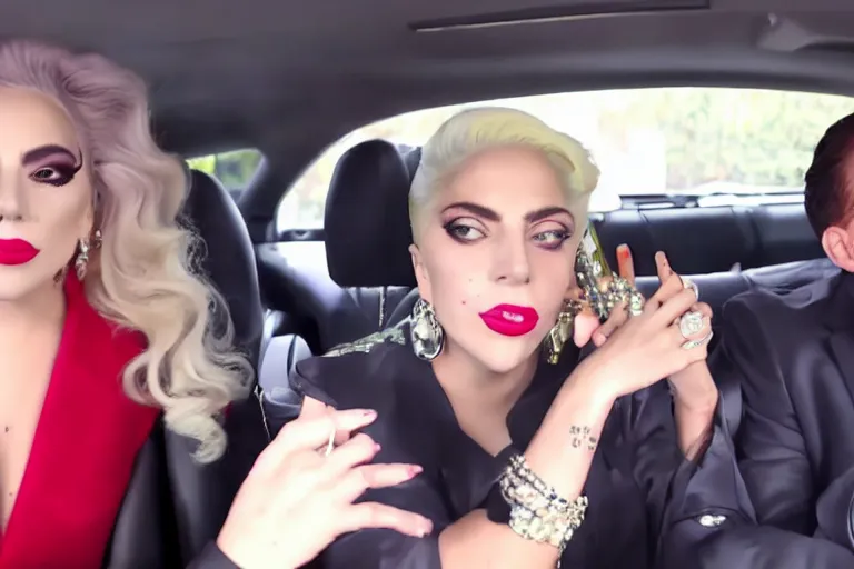 Image similar to lady gaga and judy garland carpool karaoke, highly realistic, highly detailed, high resolution, 8 k 4 k,