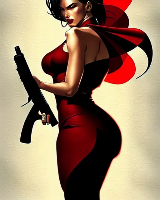 Image similar to artgerm, joshua middleton comic cover art, full body pretty megan fox holding a shotgun, red dress, symmetrical eyes, symmetrical face, long curly black hair, dark city background, cinematic lighting