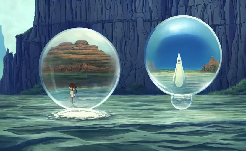 Image similar to a scary hyperrealist painting of a rocketship in a giant transparent forcefield crystal ball from howl's moving castle ( 2 0 0 4 ) in a flooded monument valley stonehenge jungle. depth perception, 4 k, artstation, in the style of studio ghibli