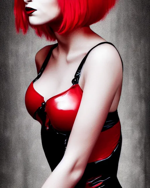 Image similar to Digital painting of a female model posing in a black latex dress, gothic, short red hair, black and red tones, dramatic background