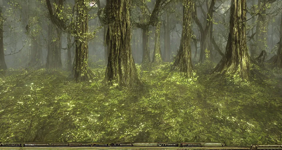 Prompt: A dense and dark enchanted forest with a swamp, from Lineage 2