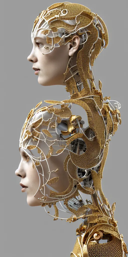 Prompt: complex 3d render ultra detailed of one single beautiful porcelain profile woman face, mechanical cyborg, 150 mm, accent lighting, beautiful studio soft light, rim light, silver gold red details, luxurious, magnolia big filigran ultra detailed leaves and stems, roots, Alexander Mcqueen haute couture, fine foliage lace, mesh wire, beautiful background, filigran intricate details, hyperrealistic, mandelbrot fractal, anatomical, silver metal armor, facial muscles, cable wires, microchip, elegant, white background, beautiful white teeth, beautiful lips, octane render, H.R. Giger style, 8k