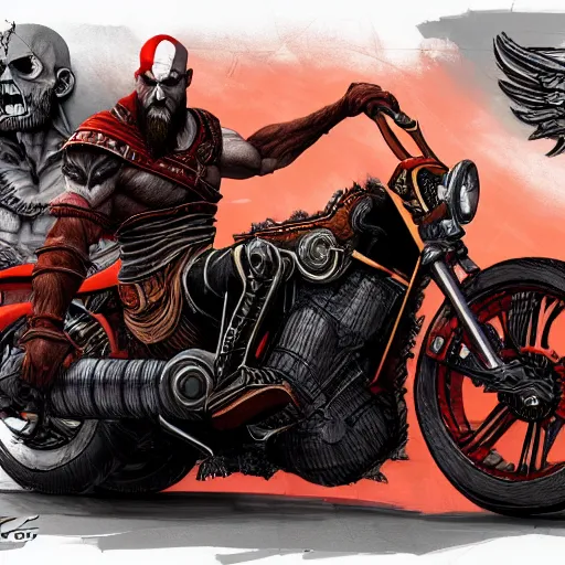 Prompt: concept art kratos the god of war riding the ghost riders motorcycle ultra detail - n 6