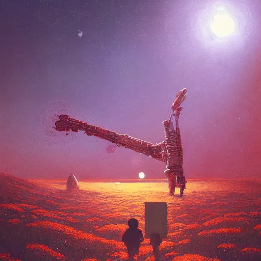 Image similar to a fantastic hyperdetailed 3 d matte painting of a giant robot partially covered in overgrowing wildflowers on an alien planet under arctic moonlight by moebius by beeple by by jakub rozalski by paul lehr by dan mumford