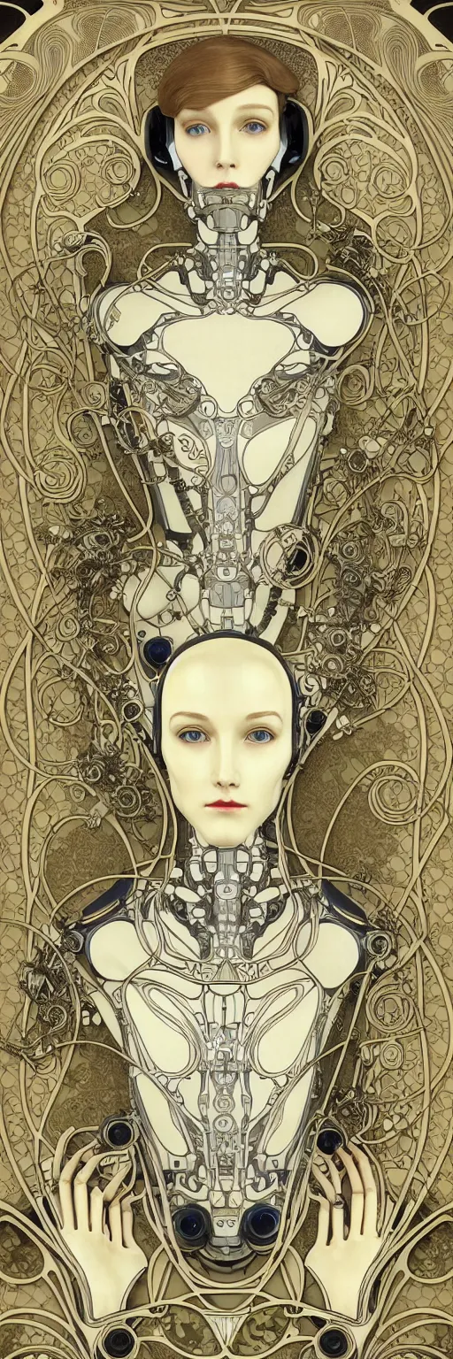 Prompt: seamless pattern of beautiful cybernetic art nouveau robot, beautiful art nouveau porcelain face + body is clear plastic, inside organic robotic tubes and parts, damask patern, front facing, wearing translucent baroque rain - jacket + symmetrical composition + intricate details, hyperrealism, wet, reflections + by alfonse mucha and moebius, no blur