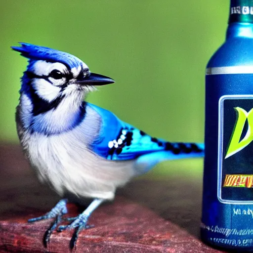 Image similar to bluejay next to a bottle of mountain dew