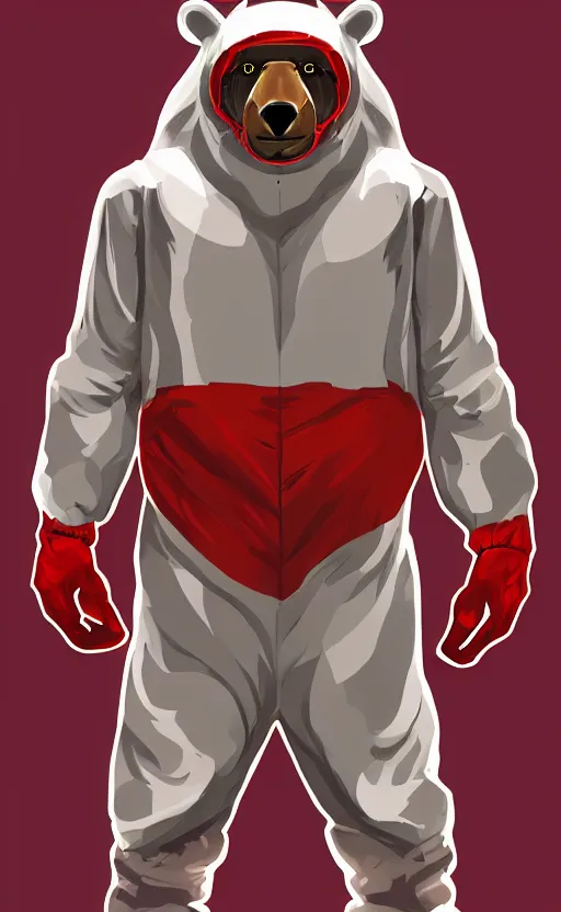 Image similar to portrait of full body bear beast-man wearing a hazmat suit, glowing red eyes, digital art, concept art, highly detailed, sharp focus