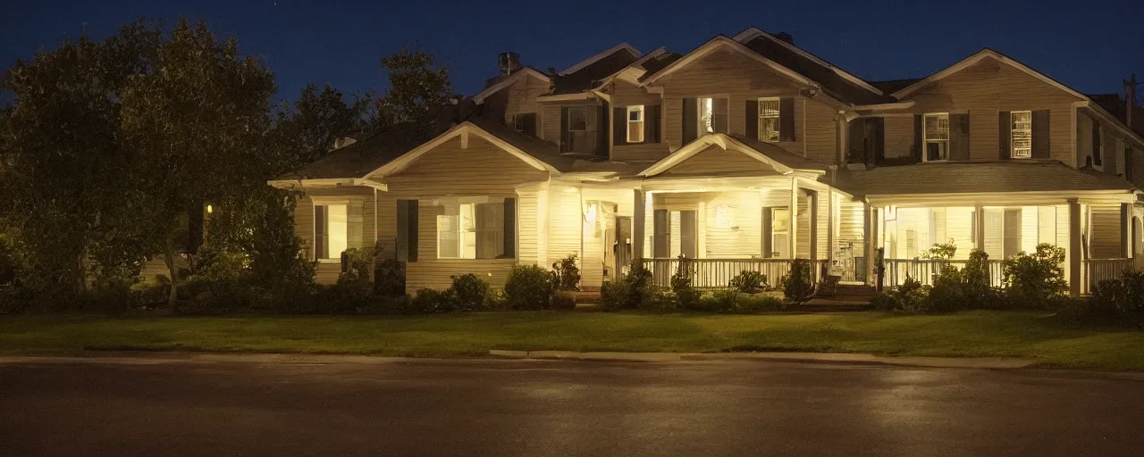 Image similar to a nostalgic photograph of a suburban home at night during summer, by closecore