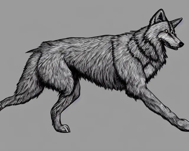 Image similar to digital art of a full-body outline of a running wolf, simple, no color, high quality, HD, 8K,