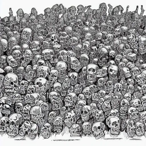 Prompt: Geof Darrow drawing of Psychedelic town of Skulls, medieval town, skulls, drawn by Geof Darrow, trending on artstation