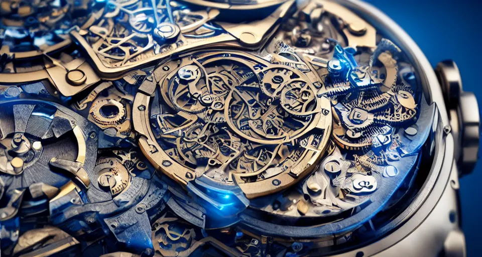 Image similar to complex 3 d render of a futuristic steampunk watch lying on a table, high detail, sharp focus, glowing blue interior components, intricate detail, depth of field, bokeh, cinematic lighting and composition, octane render, film grain, bulgari