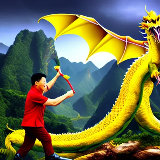 Image similar to Chinese president with bananas, battle with dragon, mountains background, fantasy art, 4k