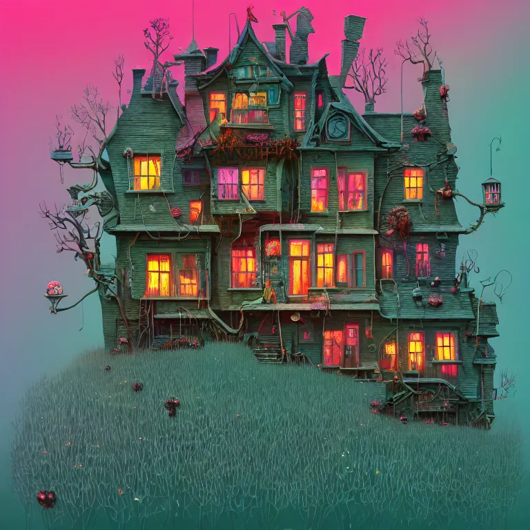 Image similar to house by elsa frozen, surreal art by gediminas pranckevicius, geof darrow, dark shadows, hard lighting, floralpunk, inking, etching, screen print, masterpiece, trending on artstation, sharp, colorful high contrast hd, 8 k hyper detailed