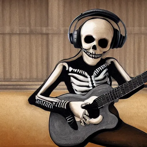 Image similar to skeleton wearing headphones watching girl playing guitar with her black cat standing next to her, digital art