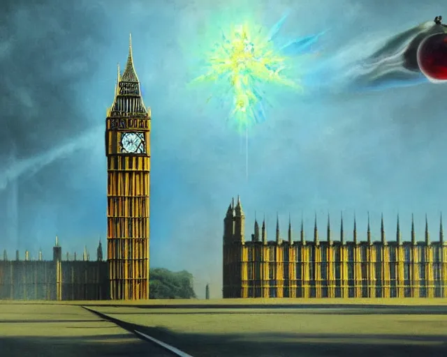 Image similar to big ben destroyed by a powerful juice explosion, painting by frank frazetta, 3 d rendering by beeple, wlop