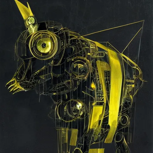 Image similar to a fullmetal wired neon robot kerberos in yellow noir without memory nor feelings, althoughbhe believes he is a god, oil on canvas by dave mckean and esao andrews