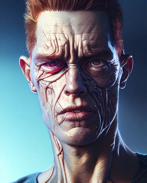 Image similar to highly detailed vfx portrait of terminator, stephen bliss, unreal engine, greg rutkowski, loish, rhads, beeple, makoto shinkai and lois van baarle, ilya kuvshinov, rossdraws, tom bagshaw, alphonse mucha, global illumination, detailed and intricate environment