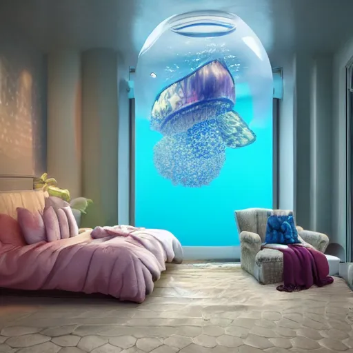 Image similar to the realistic photo of the modern fashionable room as aquarium with a chandelier as a big jellyfish, beautiful corals on the walls and dangerous sharks on the big panoramic window, a lot of gleans, under the ocean, realistic colors, realistic shadows, daylight made in blender and cinema 4 d, hd, 3 d by beeple and by greg rutkowski