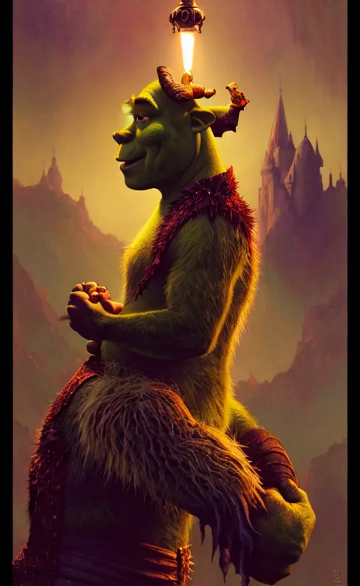 Image similar to shrek dragon gorgeous lighting by weta studio, mucha, bautista and norman rockwell and greg rutkowski and tom bagshaw and james gurney and lucasfilm