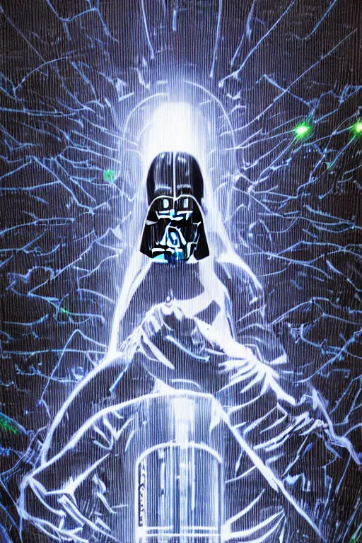 Prompt: poster portrait of darth vader advertising bud light, solarpunk, bright led lights, pudica pose gesture, by michelangelo, in white room, ultra - realistic and intricate, hdr 8 k