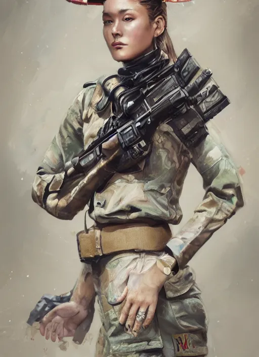 Prompt: female soldier portrait painting by WLOP, game, expensive dress, highly detailed, harper's bazaar, vogue, magazine, fashion, concept art, ornate, luxury, elite, elegant, trending on artstation ,