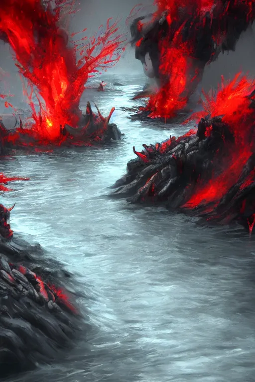 Image similar to bloody river in hell, trending on artstation