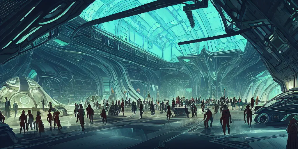 Image similar to cel shaded cinematic shot of the interior of a sci-fi space station with ornate Elven architecture bustling with people, cars, epic castle, emerald, crystalline, detailed illustration, sharp focus, concept art