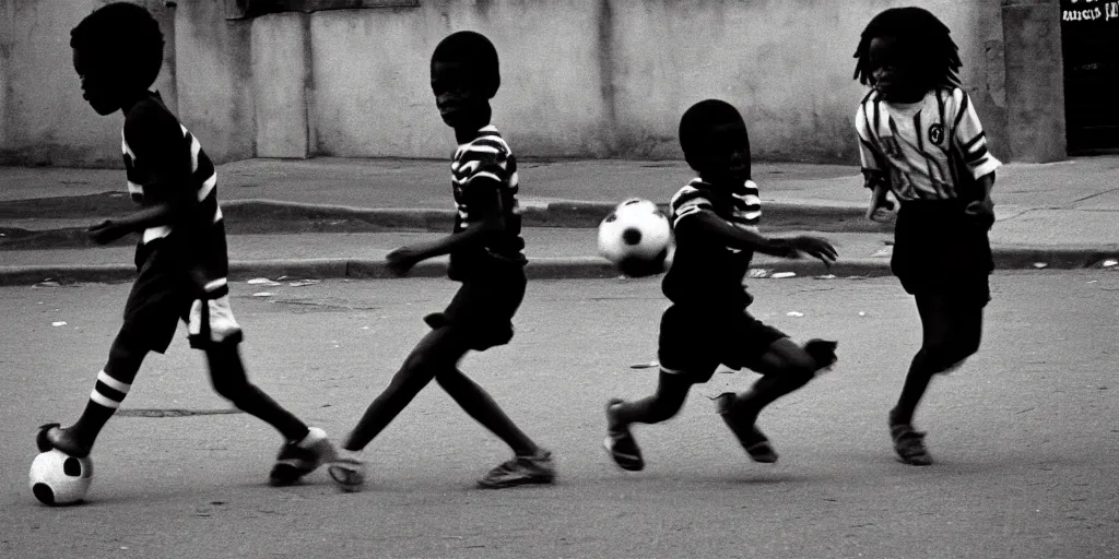 Image similar to street, black kids playing football, 1 9 8 0 s film photography, exposed b & w photography, christopher morris photography, bruce davidson photography, peter marlow photography