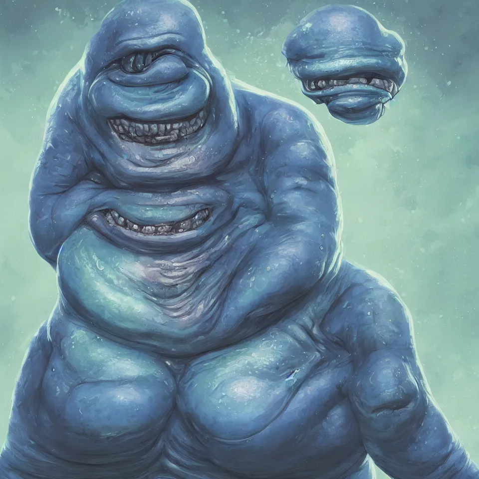 Image similar to portrait of a fat alien with blue skin. big smile. friendly alien. concept art. science fiction illustration. detailed face, beautiful colour palette. digital painting.