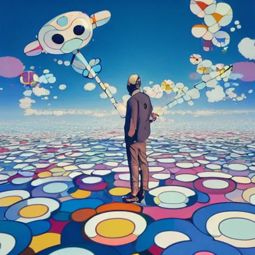 Image similar to a man walking on clouds away from the camera above kyoto by takashi murakami, beeple and james jean, aya takano color style, 4 k, super detailed, modern, 4 k, symmetrical