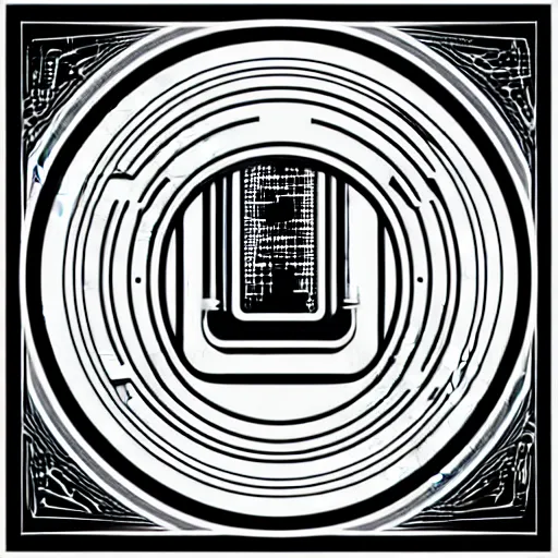 Image similar to black and white sci fi themed svg vector art panel for cnc plasma, laser, stencil, unique art deco hole through circuit design