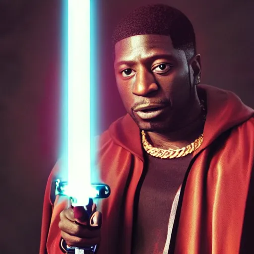 Image similar to gucci mane holding a lightsaber as mace windu in star wars episode 3, 8k resolution, full HD, cinematic lighting, award winning, anatomically correct