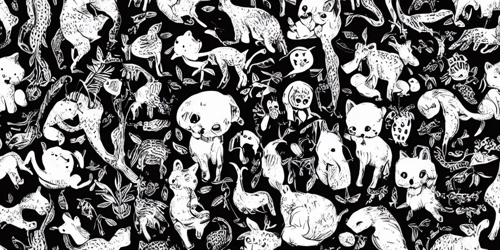 Image similar to cute animals and plants on a black background, wallpaper, Illustration, Anatomical Drawing, Painting