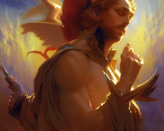 Image similar to attractive male deity, casting demonic magic, summoning handsome lucifer morning star. highly detailed painting by gaston bussiere, craig mullins, j. c. leyendecker 8 k