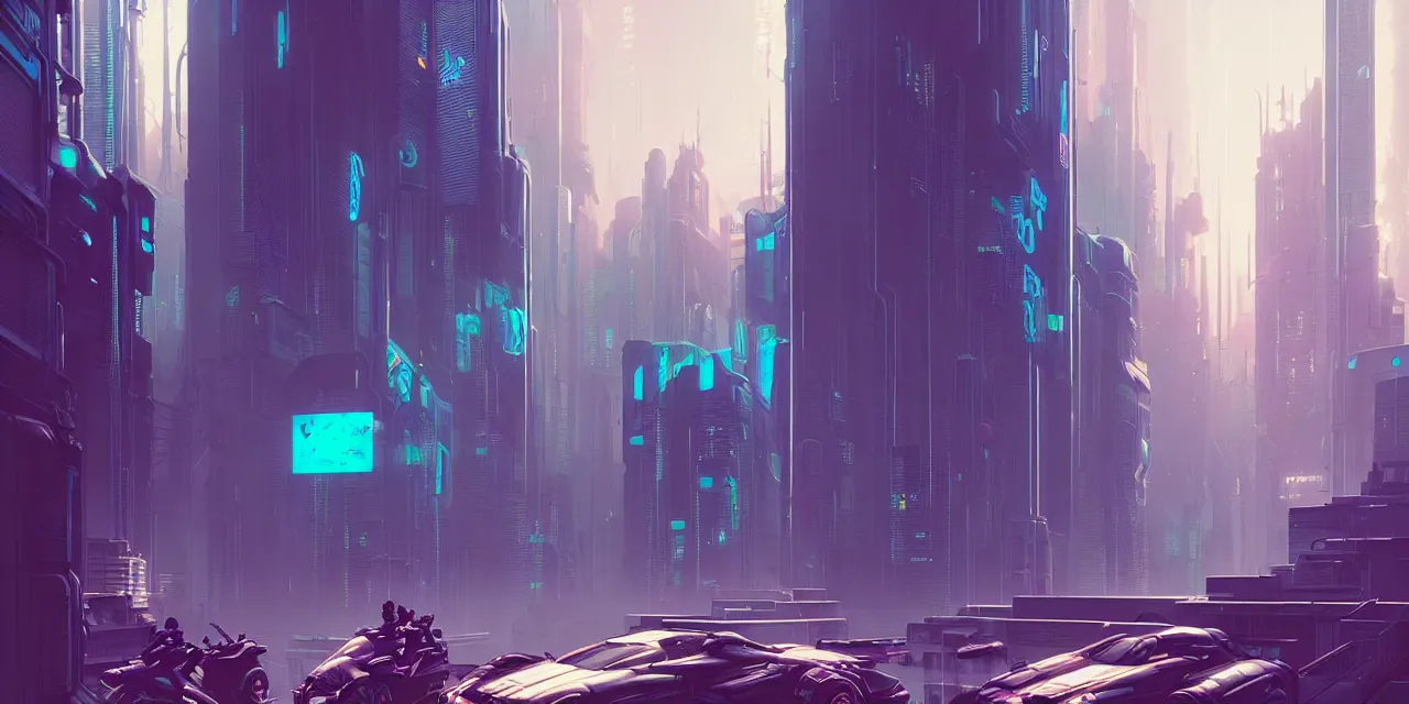 Prompt: cyberpunk synth, hyper - realistic detailed cyberpunk cityscape, by atey ghailan, by greg rutkowski, by greg tocchini, by james gilleard, by joe fenton, by kaethe butcher, dynamic lighting, gradient light blue, brown, blonde cream and white color scheme, grunge aesthetic