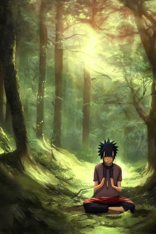 Image similar to photorealistic dark fantasy concept art of Naruto meditating in a forest, dynamic lighting, stunning visuals, realism, cinematic, hyper detailed, ultra detailed, beautiful visuals and sunset