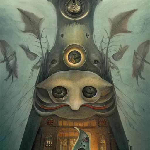 Prompt: eyeless watcher, dutiful return, golden age seraph bunkers, art by Leonora Carrington and Alexander Jansson, high detail, cinematic, cgsociety 8k