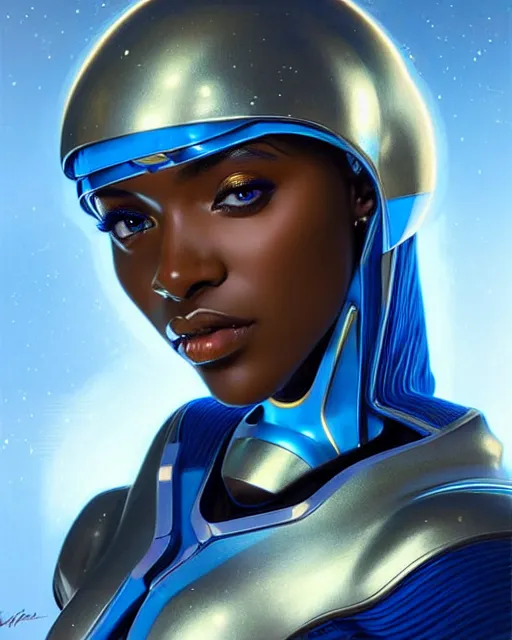 Image similar to Portrait of very very very very very very beautiful african woman, spacesuit, futuristic cybernetic helmet, blue eyes, real life skin, intricate, elegant, highly detailed, artstation, concept art, smooth, sharp focus, art by artgerm and greg rutkowski and alphonse mucha