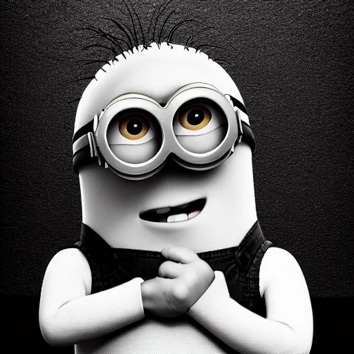 Image similar to black & white epic!!! photograph of a minion from “ despicable me ” in the gym, motivational poster, highly detailed, cinematic lighting, photo, award - winning photograph, professional photograph, dramatic posing, 8 k quality, dramatic rim lighting, high quality