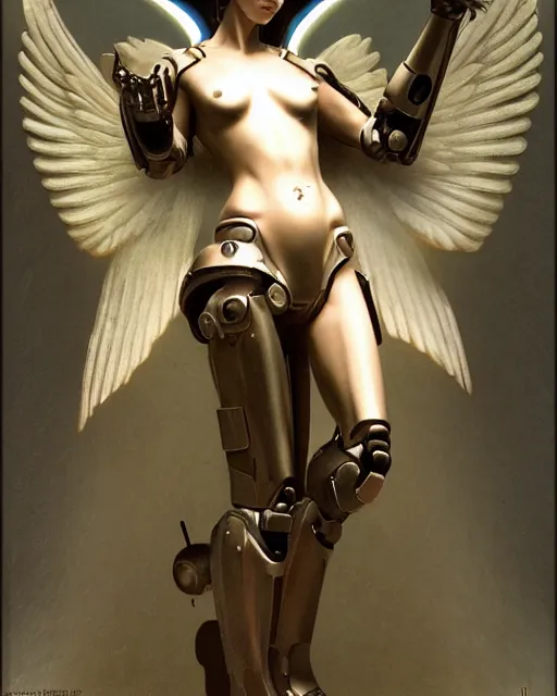 Image similar to female angel with solarpunk mecha humanoid robotic parts with bright led lights, pudica pose gesture, by bouguereau, ultra - realistic and intricate, hdr 8 k