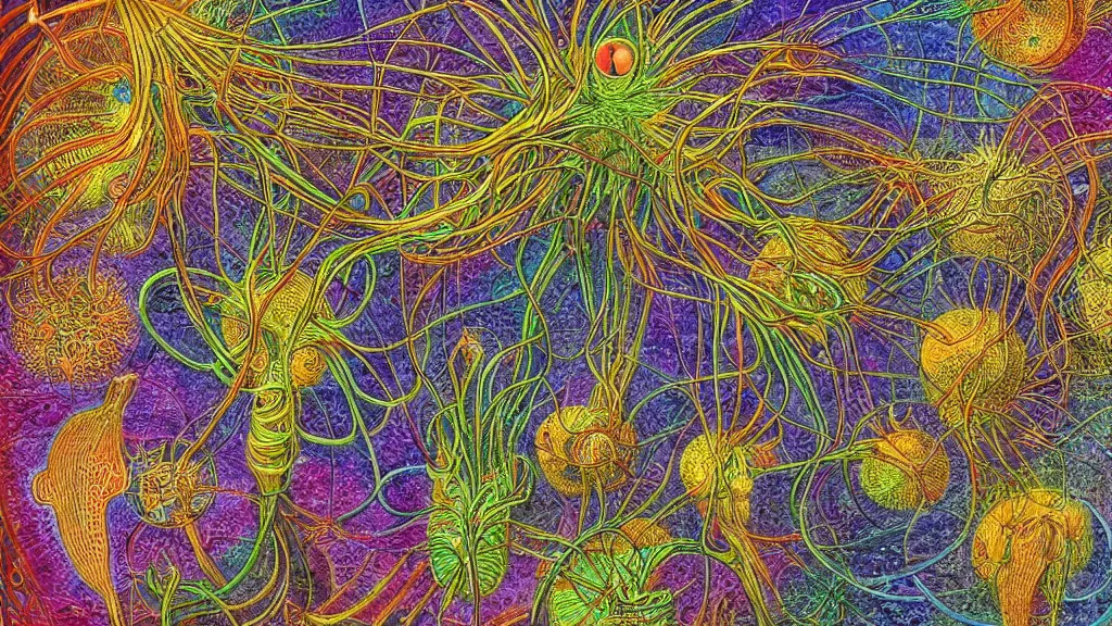 Image similar to quantum connections represented as symbiotic organisms like cells playing around with colorful lights by ernst haeckel, liquid