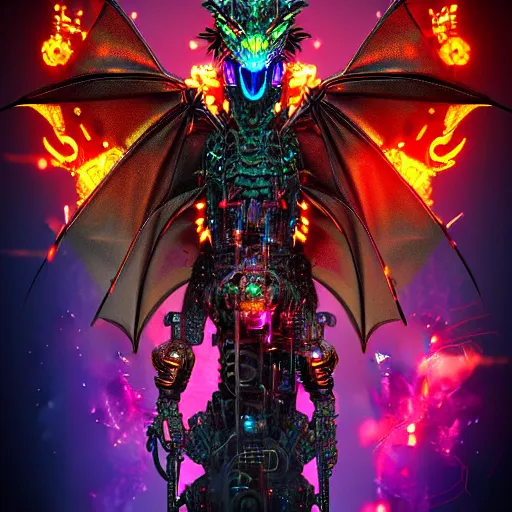 Prompt: cyberpunk dragon made of psychedelic particle effects breathing a flame of clockwork and gears, high detail, glossy finish