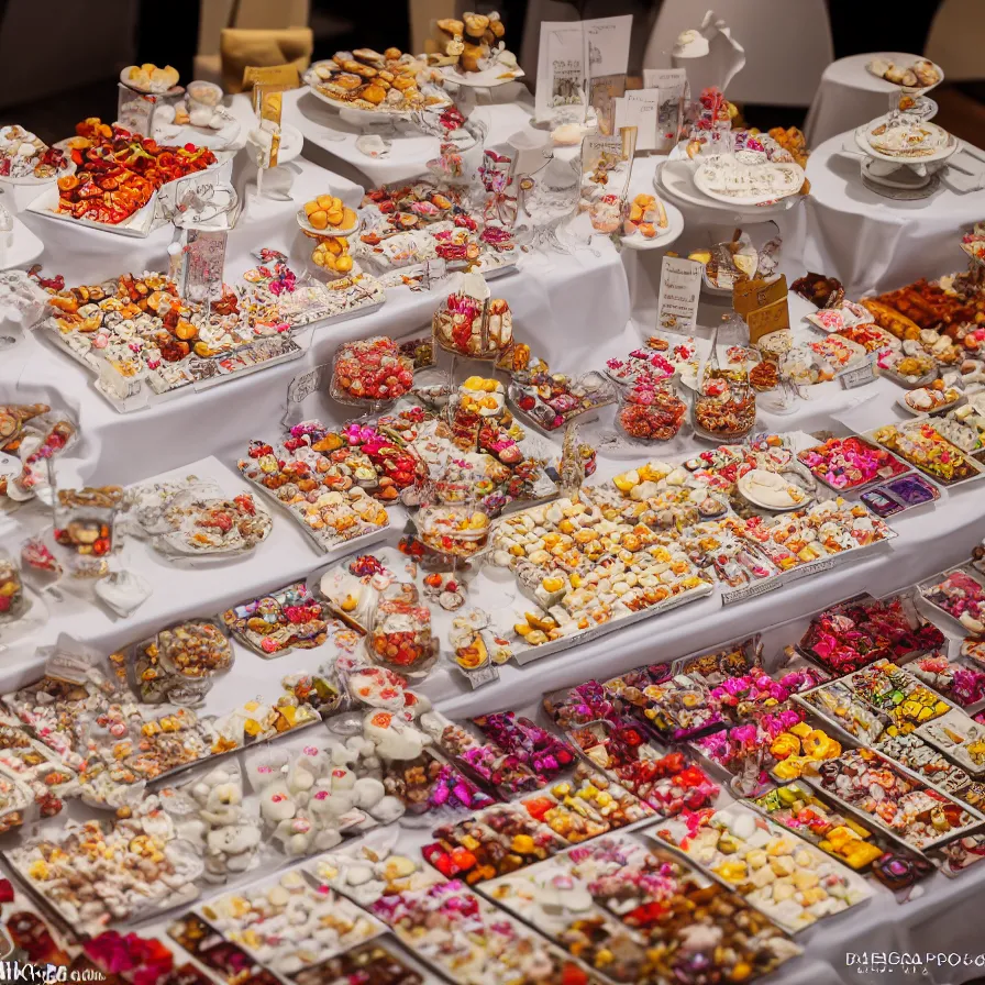 Image similar to a table with a white map full of sweets and bite sized deserts. highly detailed 8 k. intricate. nikon d 8 5 0 3 0 0 mm. award winning photography.