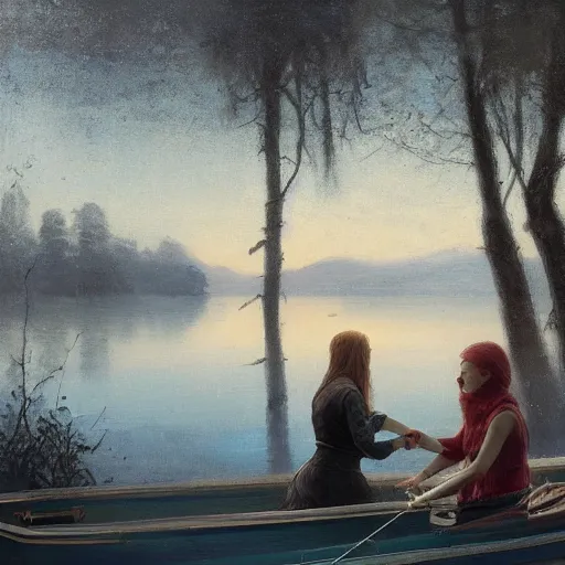 Prompt: marlenia and a long white european girl with a blonde hairband fishing on a lake in the early hours of the morning, the dark surface of the lake reflects the ribbon of the milky way, video game character art, fantasy art, by jeremy lipking, masterpiece