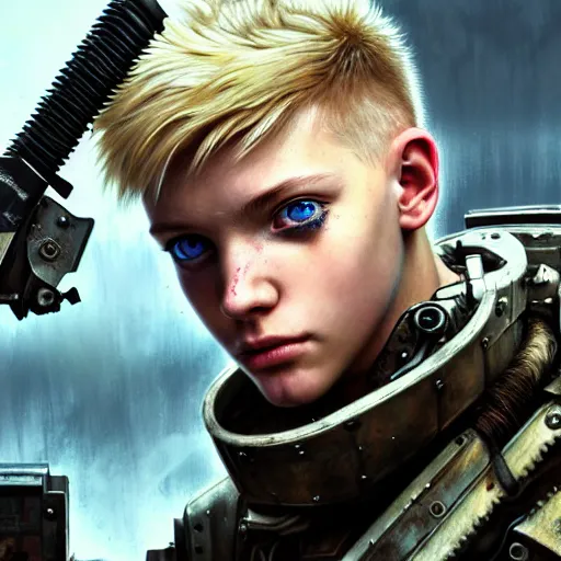 Image similar to portrait painting of a post - apocalyptic blonde teenager with blue eyes and patchy hair wearing light scrap armor with an old gun on his back, ultra realistic, concept art, intricate details, eerie, highly detailed, photorealistic, octane render, 8 k, unreal engine. art by artgerm and greg rutkowski and charlie bowater and magali villeneuve and alphonse mucha