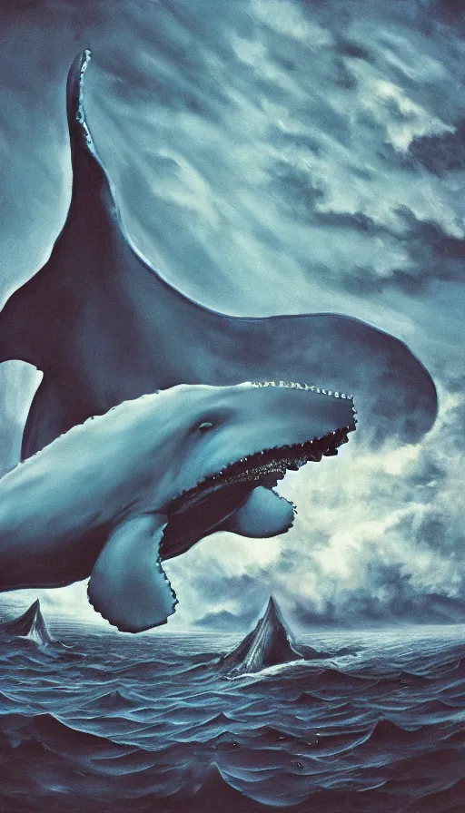 Prompt: a cerulean color pentax photograph of a monstrous horror whale, sharp teeth, giant mouth, dark fantasy horror art