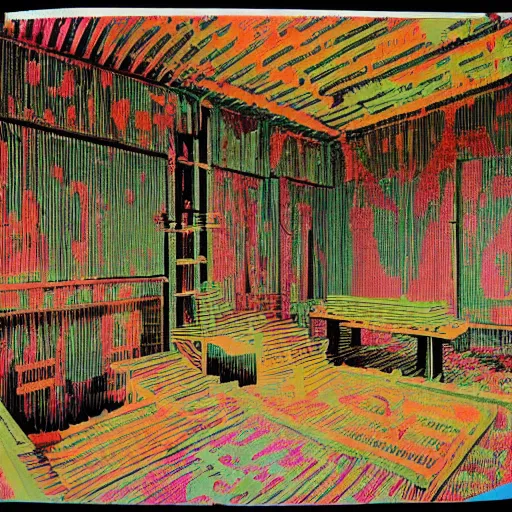 Prompt: a photographic three color screen print of a room with one main anthropological object, tribalism, animism, shades, no repetition, no repetition, no repetition, no repetition, no repetition, no repetition