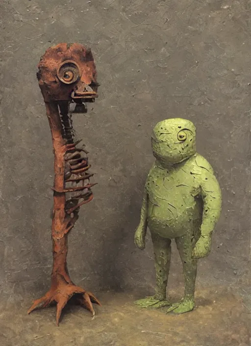 Prompt: an impasto painting by shaun tan and dan mcpharlin of a forgotten creature sculpture by the caretaker and ivan seal,